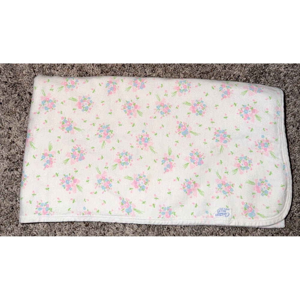 Vintage Carter's Baby Girl Blanket Pink Blue Green White Flower Bouquet Cotton